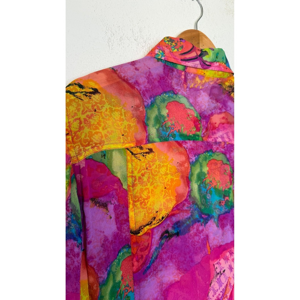Chico's Women Medium 100% Silk Shirt Sheer Pink Multicolor Art To Wear Top - Picture 9 of 15